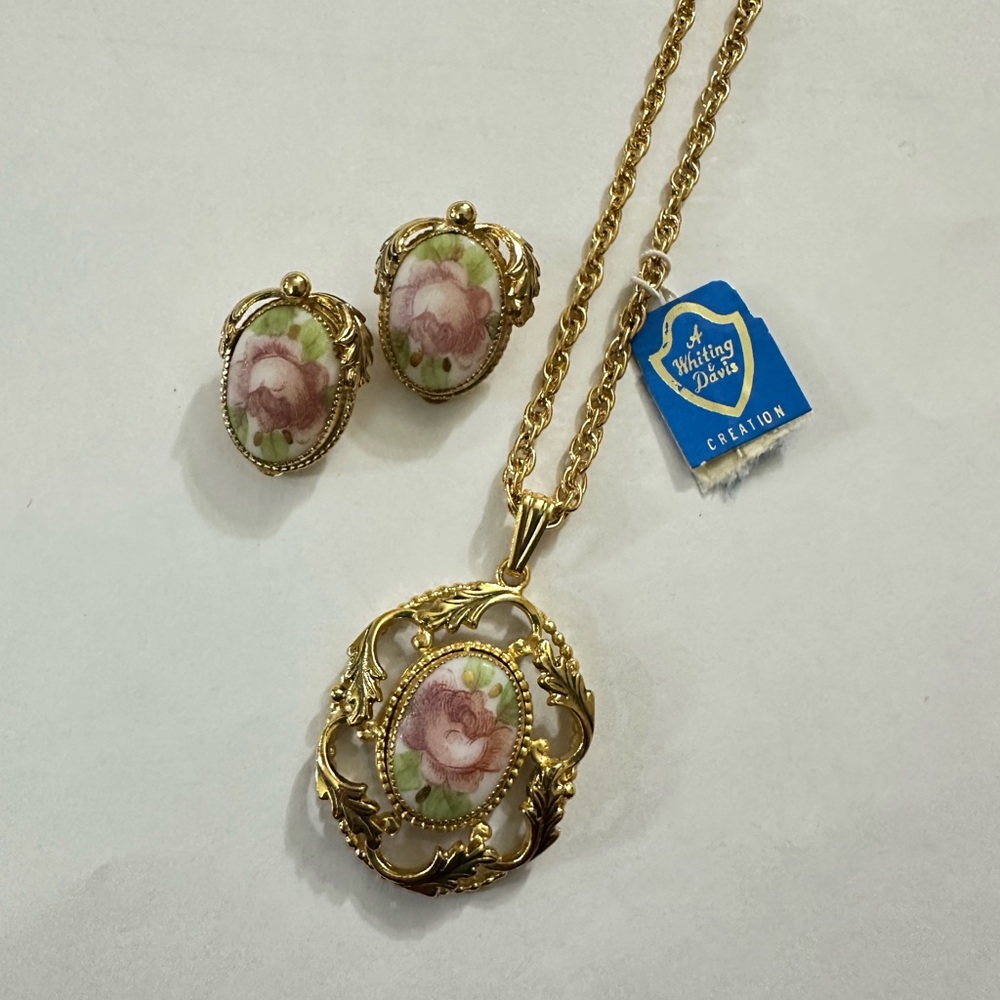 Whiting & Davis Gold Necklace with Floral Design with Earrings and Brooch